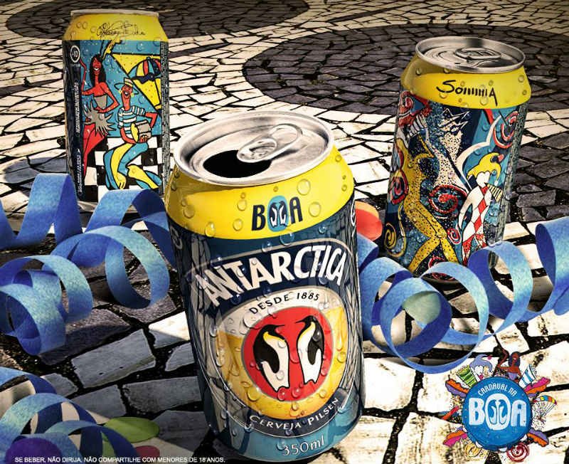Excelente diseno del carnaval carioca en las latas de cerveza Antarctica